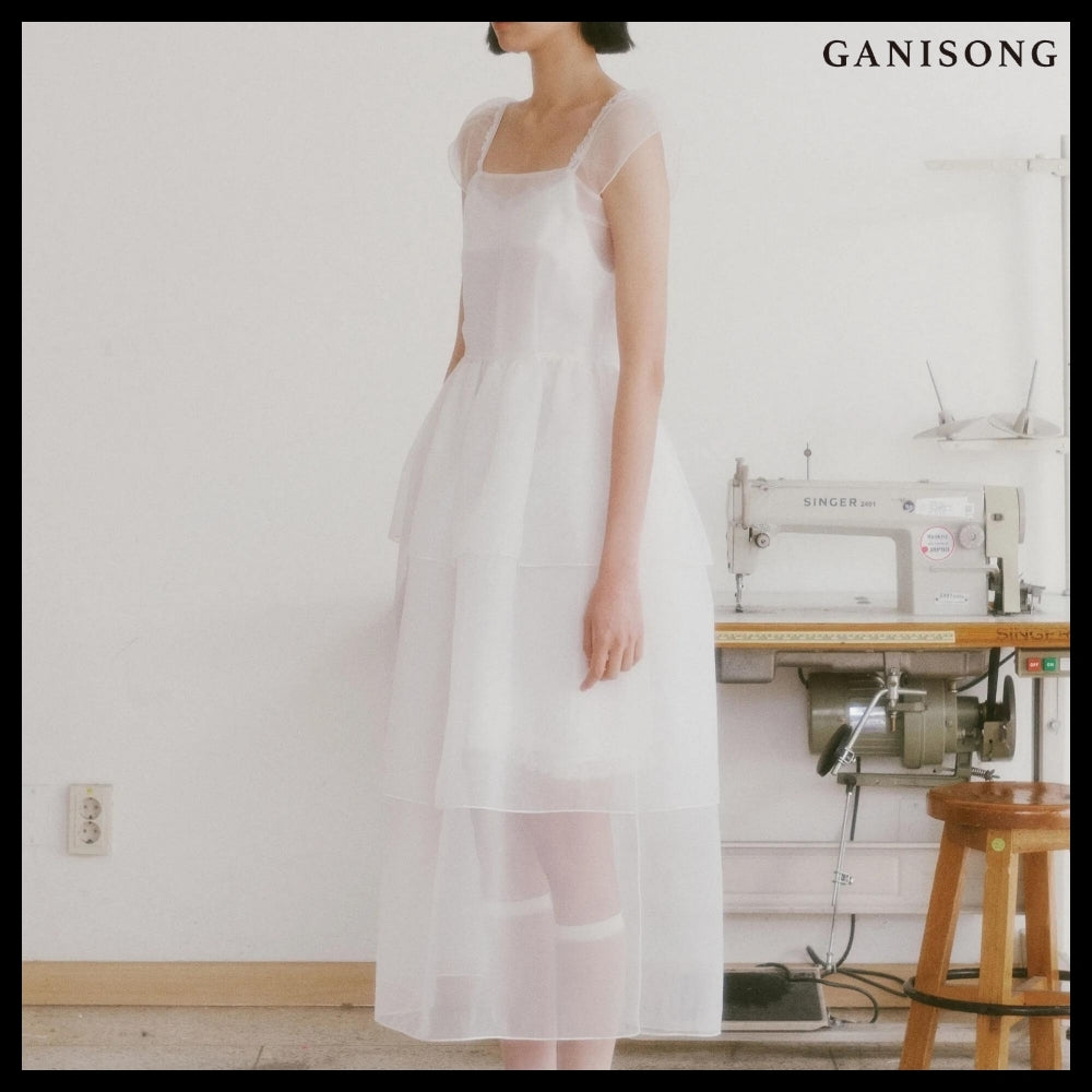 【GANISONG】Bridal Peony Tiered Dress White