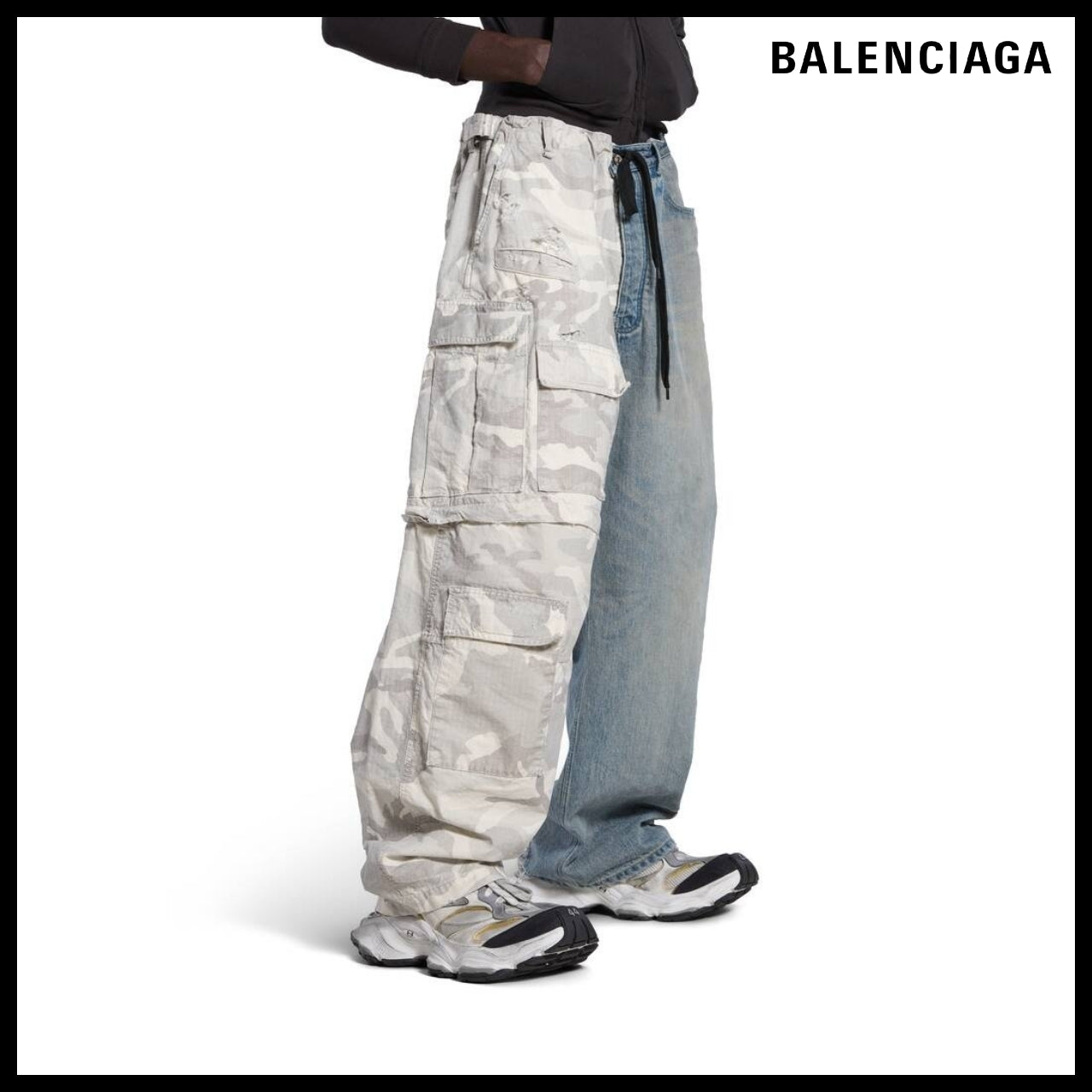 【BALENCIAGA】Grayscale Camo Hybrid Baggy Pants Light Blue