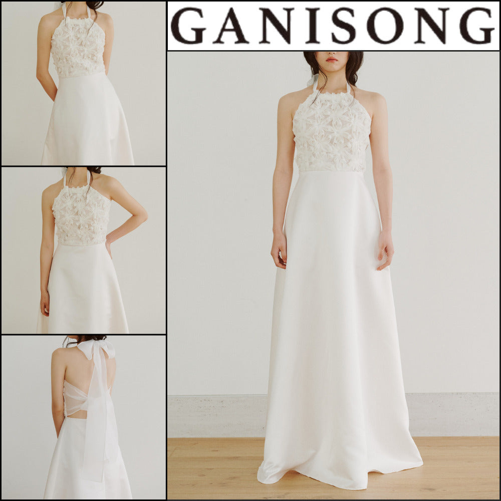 【GANISONG】Bridal Fluffy Rose Halterneck Dress White