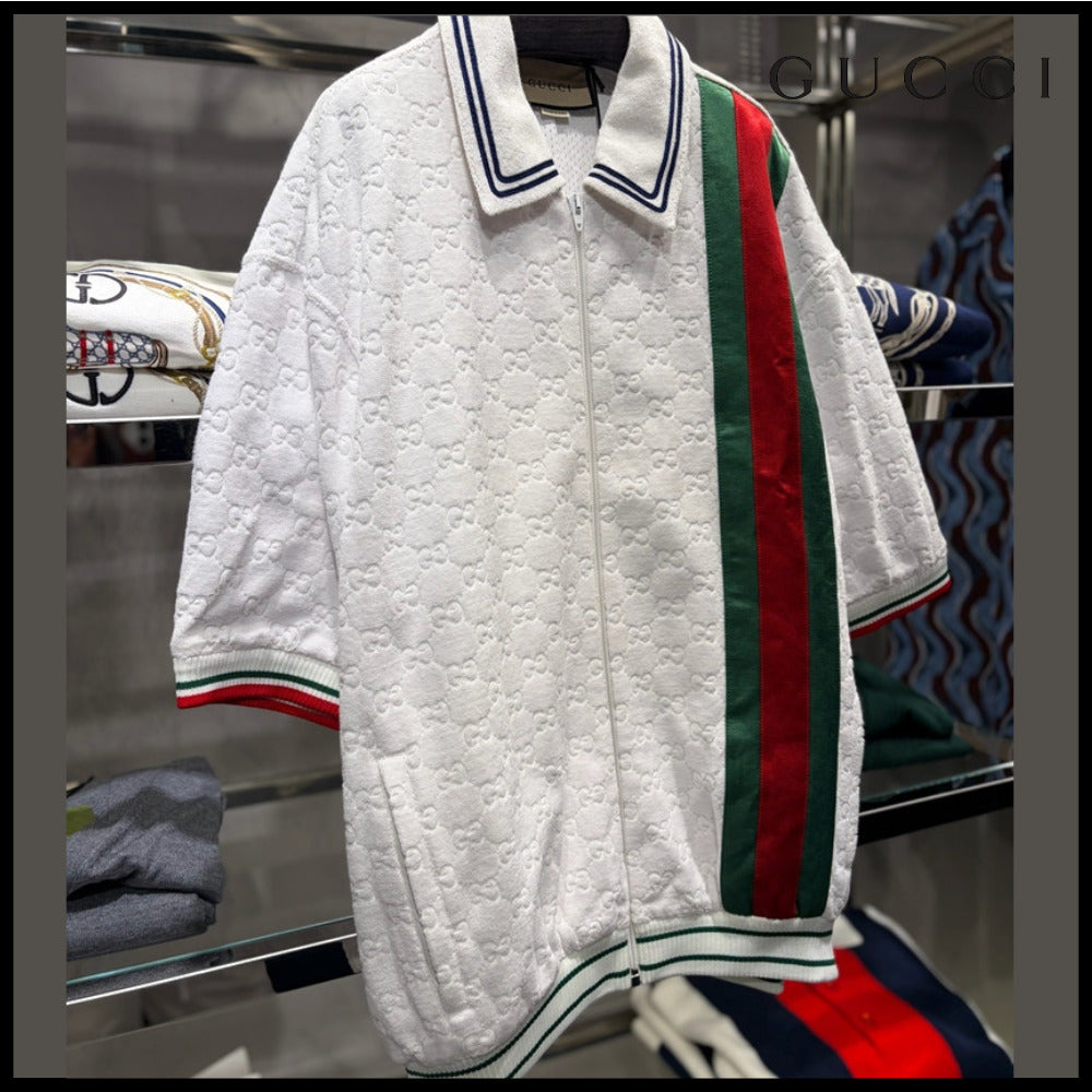 【GUCCI】GG Web Stripe Cotton Terry Short-Sleeve Zip-Up