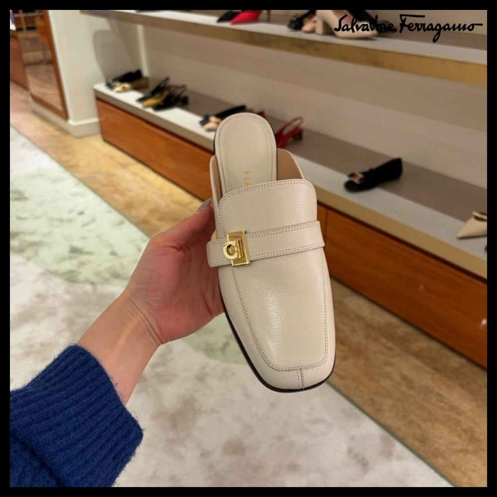 【FERRAGAMO】MAVIRA 20 GANCINI LEATHER MULE CLOGS IVORY