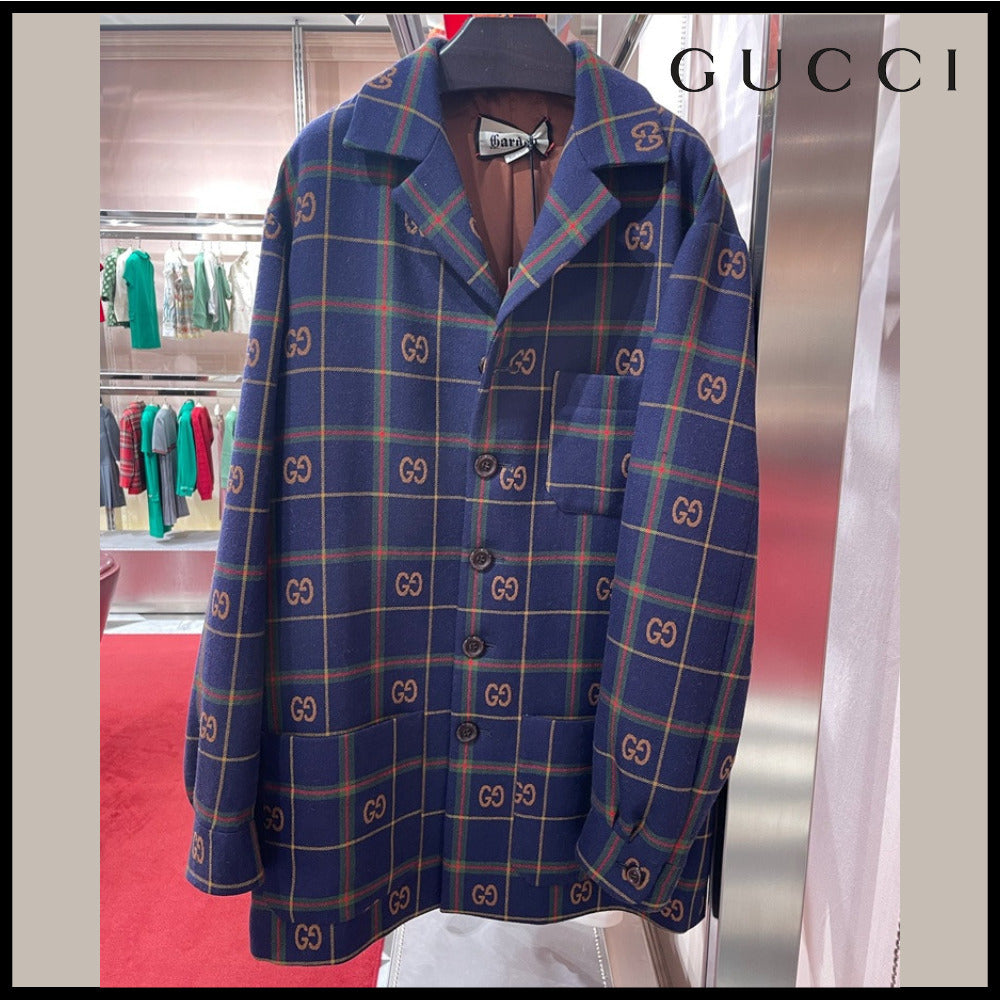 【GUCCI】GG Check Pattern Wool Single Jacket Blue