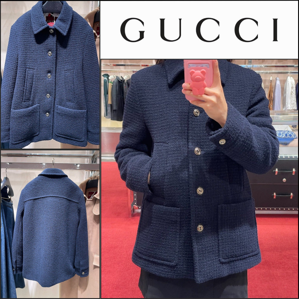 【GUCCI】Wool Blend Boucle Peacoat Jacket Night Sky