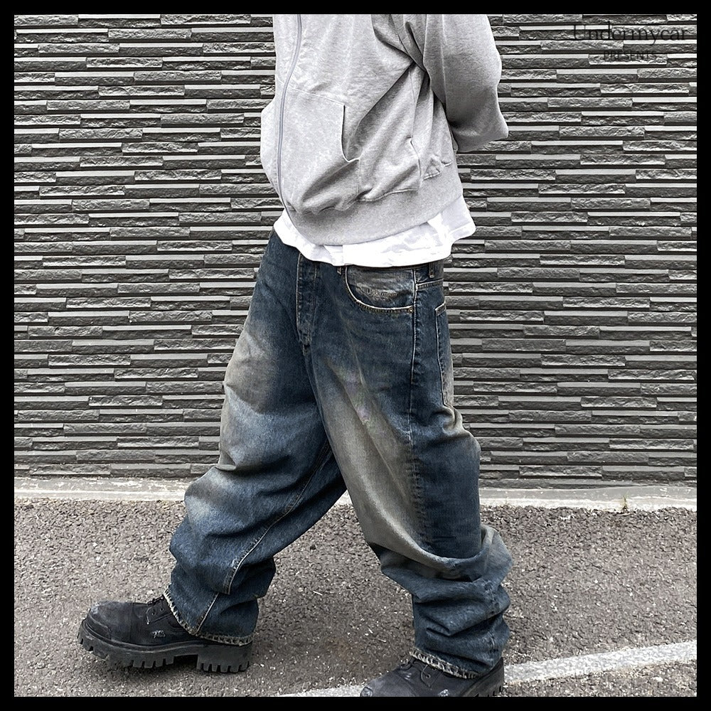 【Undermycar】ANTI FXXKING LOGO PLAY BRUSH WASHED WIDE JEANS