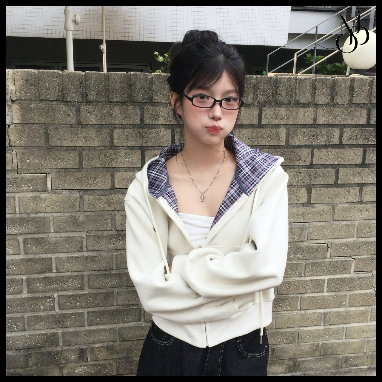 【MODIMOOD】Rudy Check Color Block Hoodie Zip-Up 5 Colors