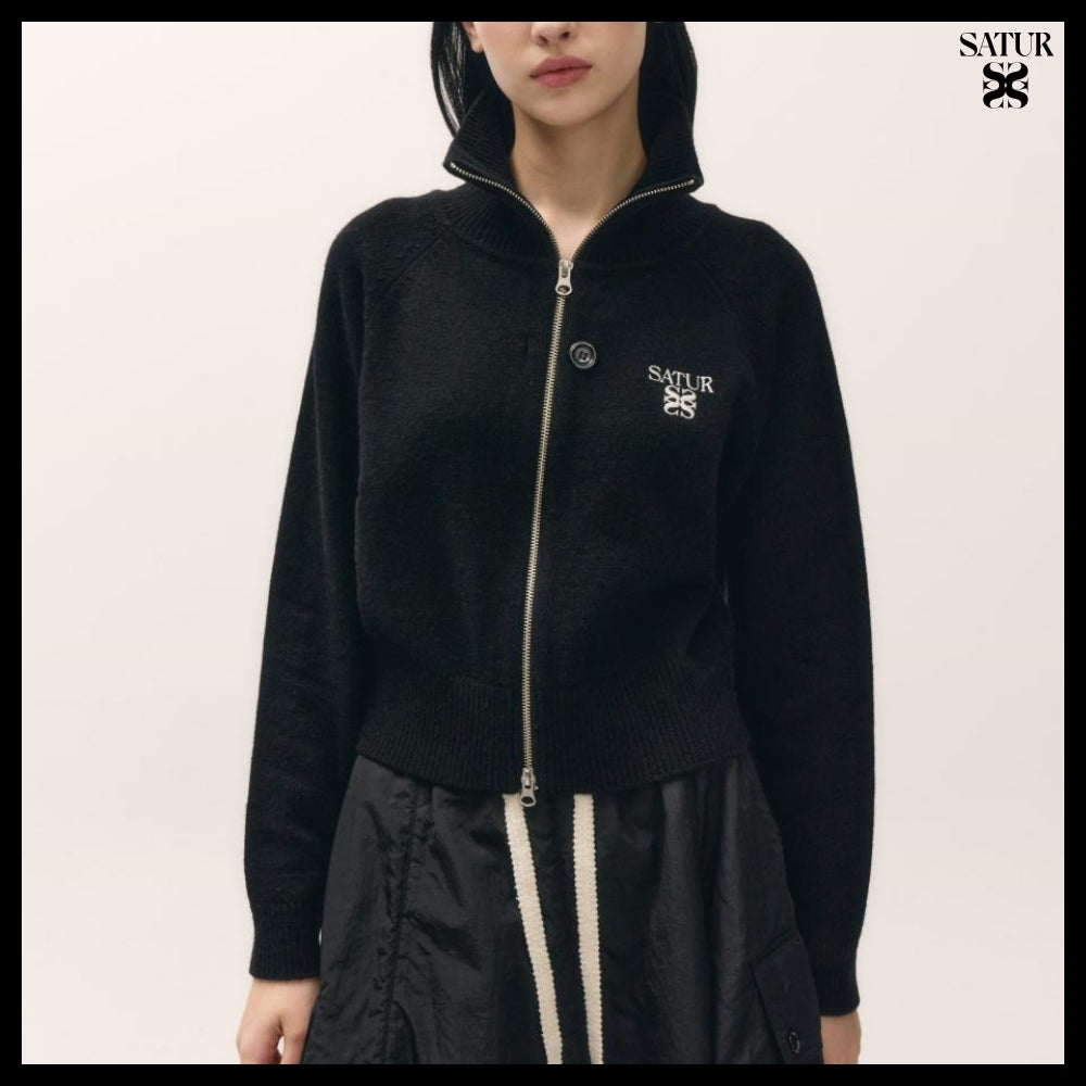 【SATUR】Women's Signature Logo Cashmere Blend Knit Zip-Up