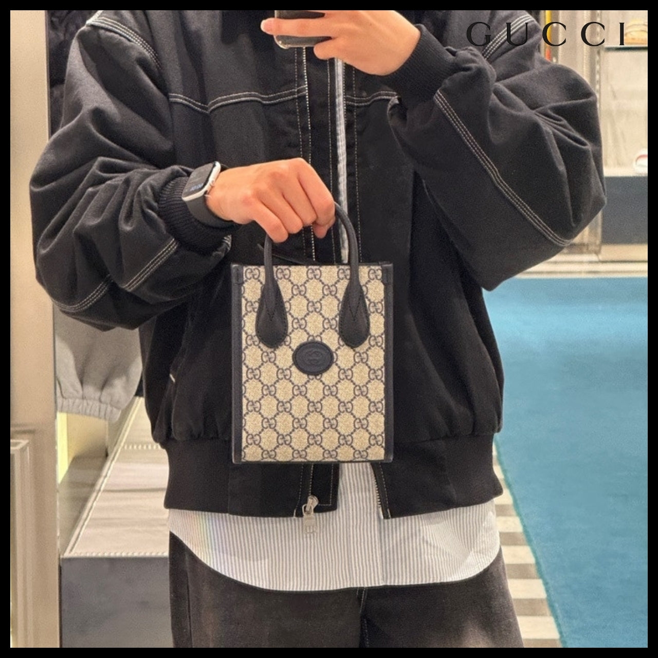 【GUCCI】GG Supreme Mini Tote Bag Beige Blue