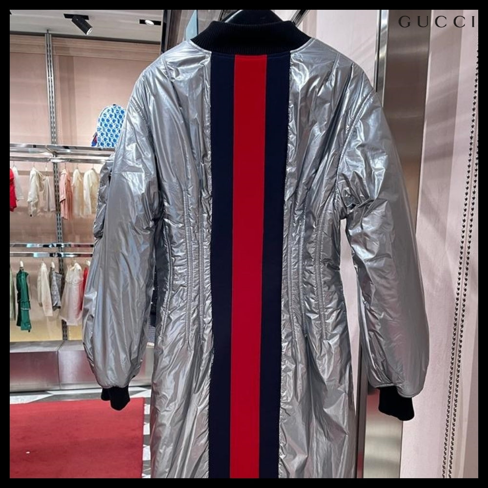【GUCCI】Web Stripe Metallic Nylon Zip-Up Jacket Silver