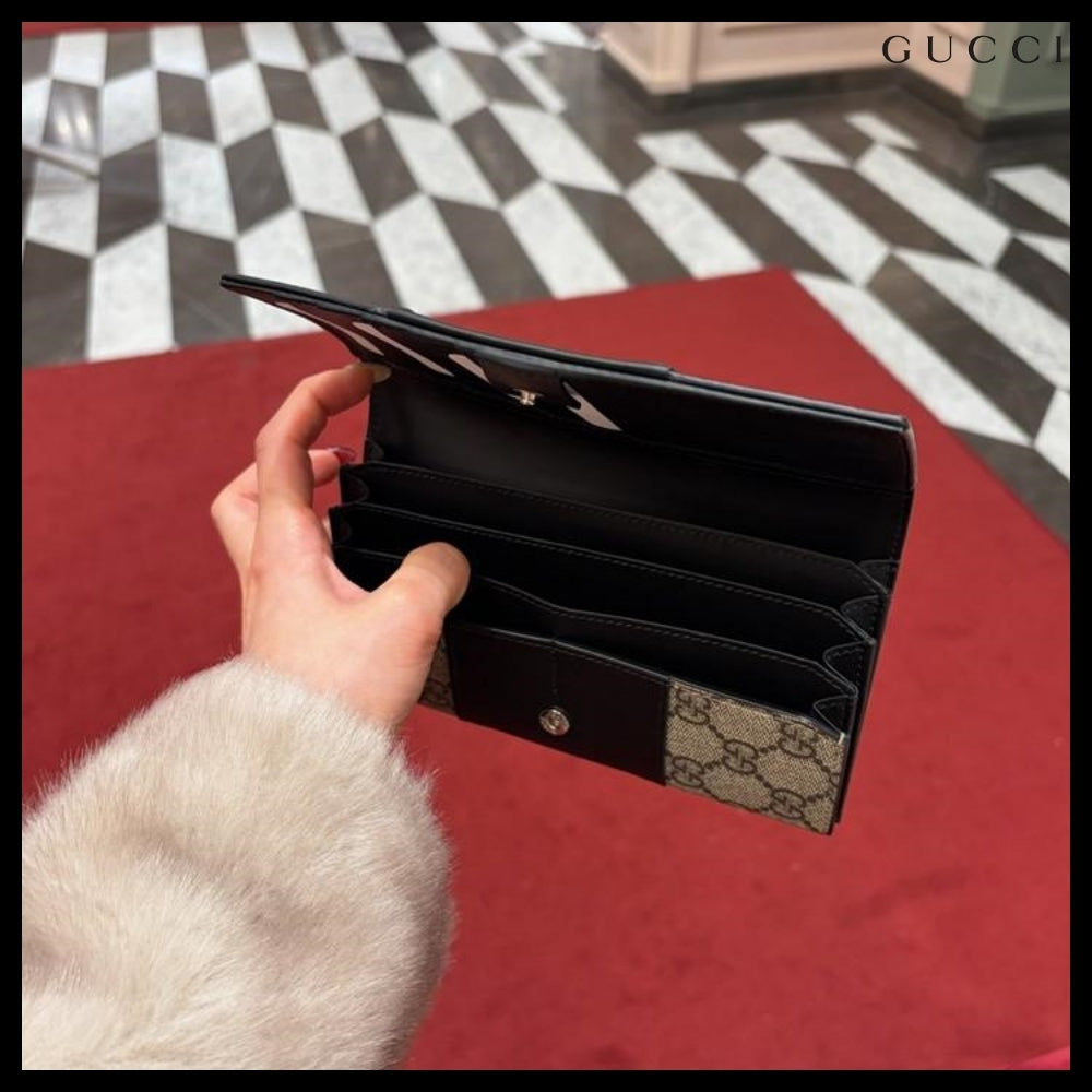 【GUCCI】Supreme Canvas Leather Flap Long Wallet BEIGE BLACK