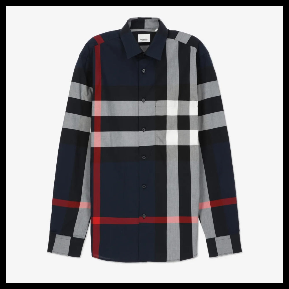 【Burberry】Check Cotton Slim Fit Shirt Navy