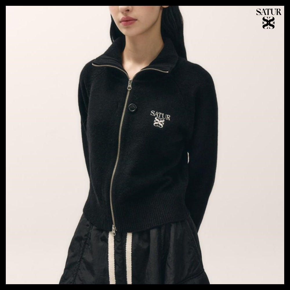 【SATUR】Women's Signature Logo Cashmere Blend Knit Zip-Up