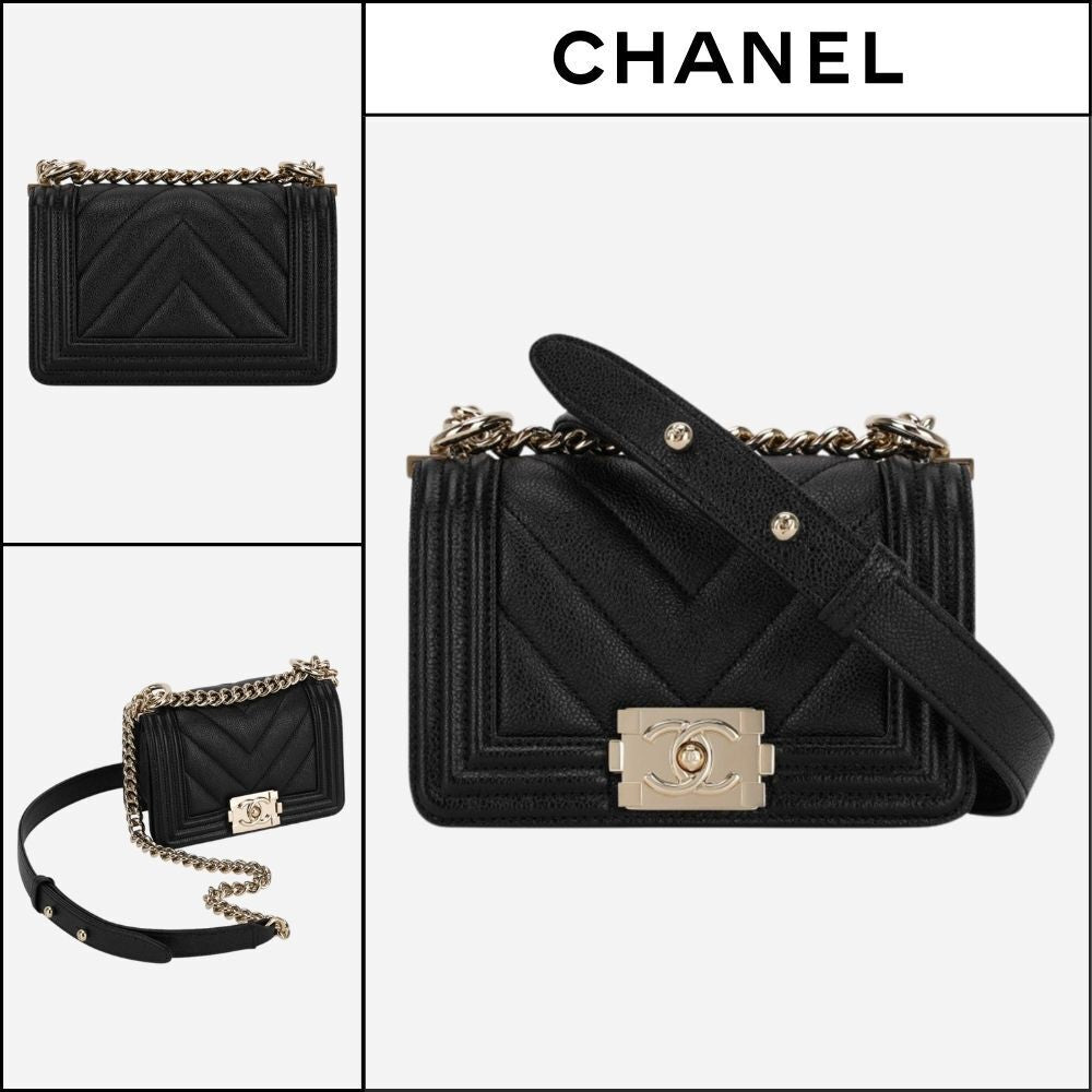 【CHANEL】Mini Boy Handbag Grained Calfskin & Gold Black