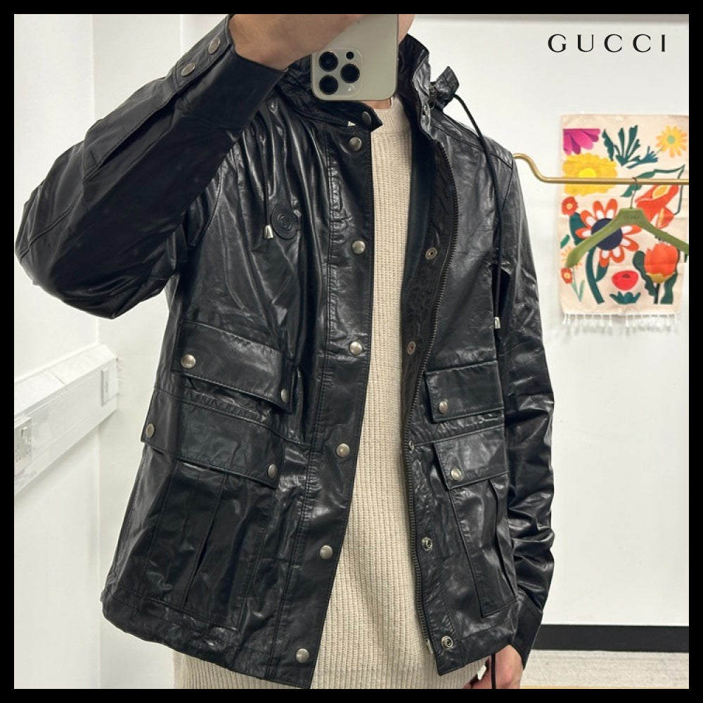 【GUCCI】Interlocking G Calf Leather Hooded Jacket Black