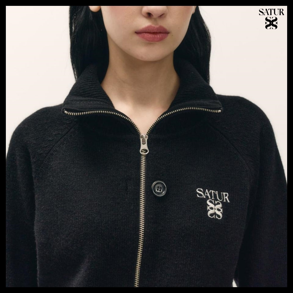 【SATUR】Women's Signature Logo Cashmere Blend Knit Zip-Up