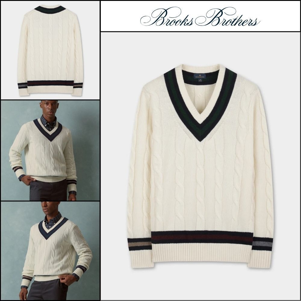 【Brooks Brothers】Wool Tennis Cable V-Neck Sweater Ivory