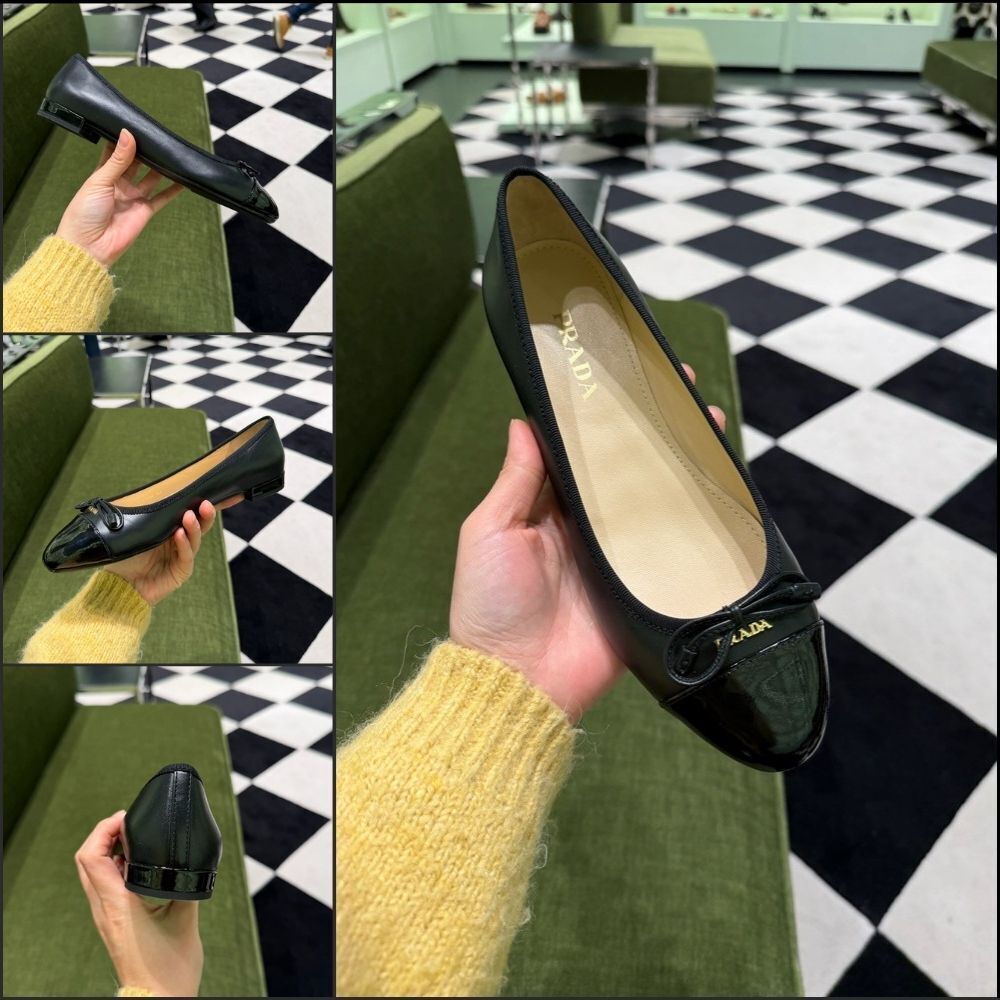 【Prada】Mini Ribbon Leather Flat Shoes Black