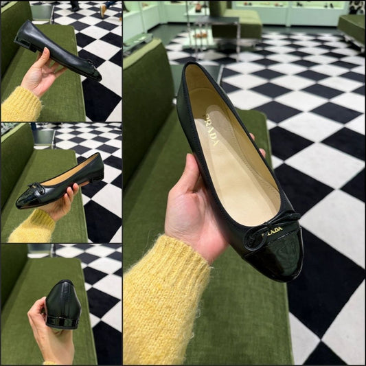 【Prada】Mini Ribbon Leather Flat Shoes Black