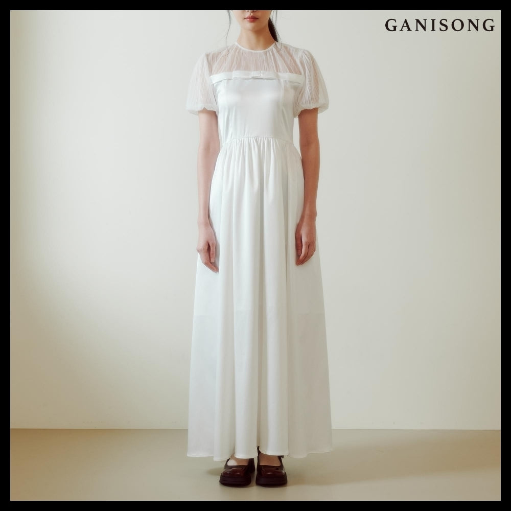 【GANISONG】Bridal Sheer Ribbon Line Dress White