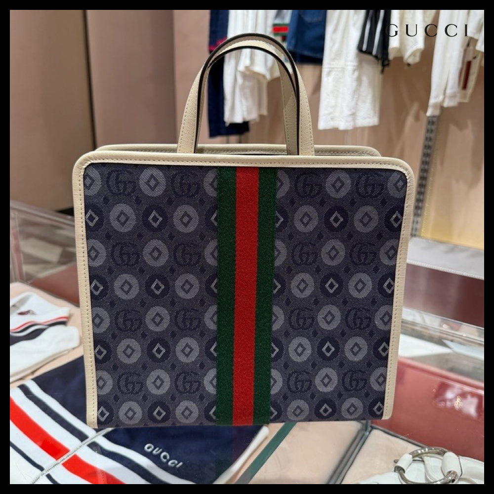 【GUCCI】GG Dot Jacquard Web Stripe Denim Tote Bag Blue