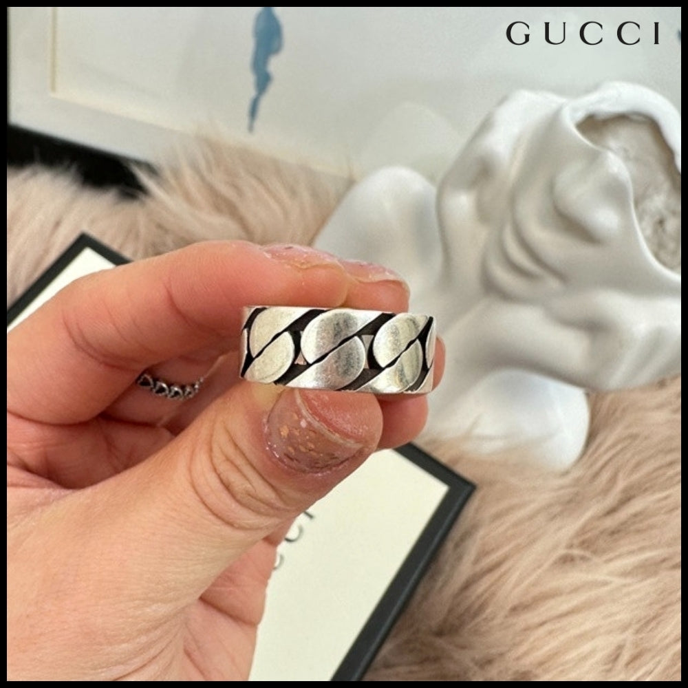 【GUCCI】Interlocking Enamel Chain Ring Blue