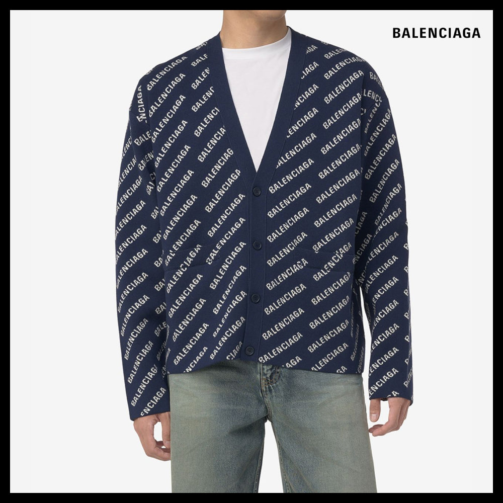 【BALENCIAGA】All-Over Logo Cotton Cardigan Blue