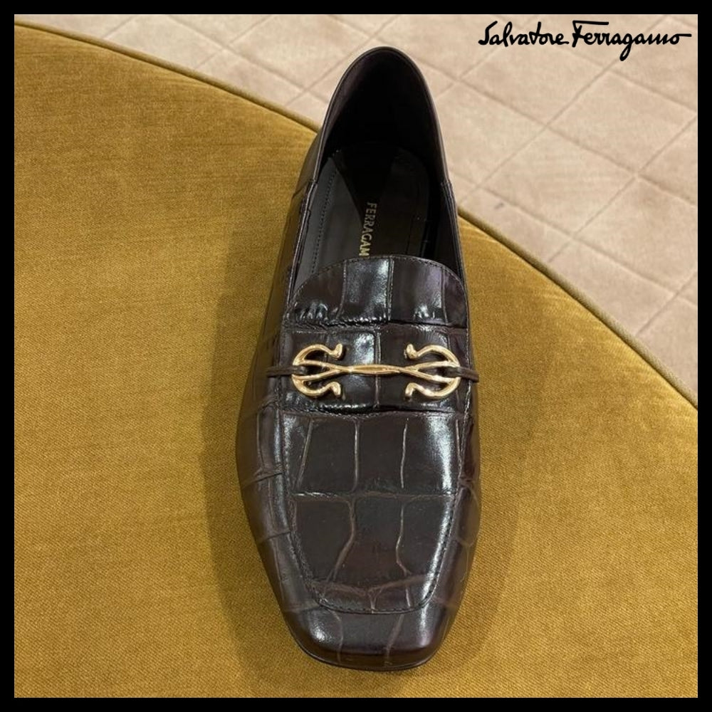 【FERRAGAMO】LOUIS GANCINI CROC PATTERN LOAFERS DARK BROWN