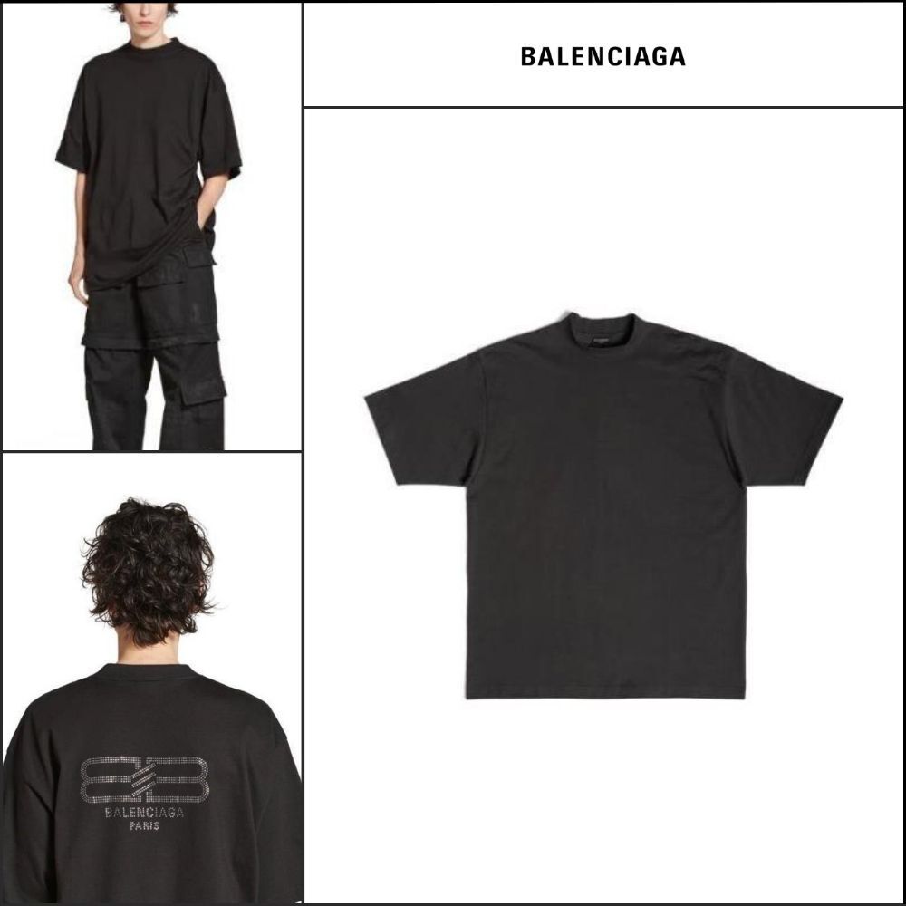【BALENCIAGA】BB Paris Strass T-Shirt Medium Fit Black Faded