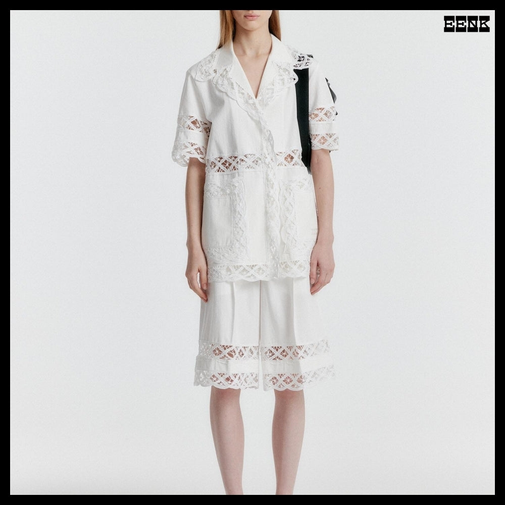 【EENK】YOMITA Short Sleeve Lace-trim Shirt White