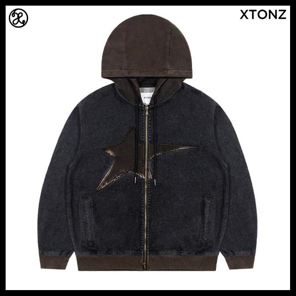 【XTONZ】VINTAGE WASHING STAR DENIM HOODED ZIP-UP 2COLORS