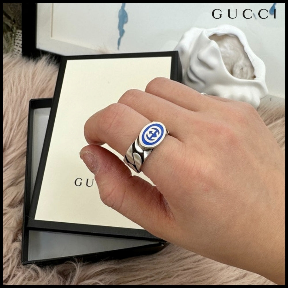 【GUCCI】Interlocking Enamel Chain Ring Blue