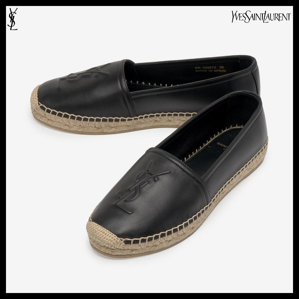 【Saint Laurent】Embossed Monogram Leather Espadrilles Black