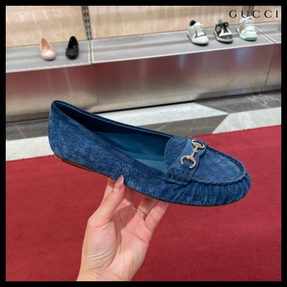 【GUCCI】Kensington GG Horsebit Suede Ballerina Flats Blue