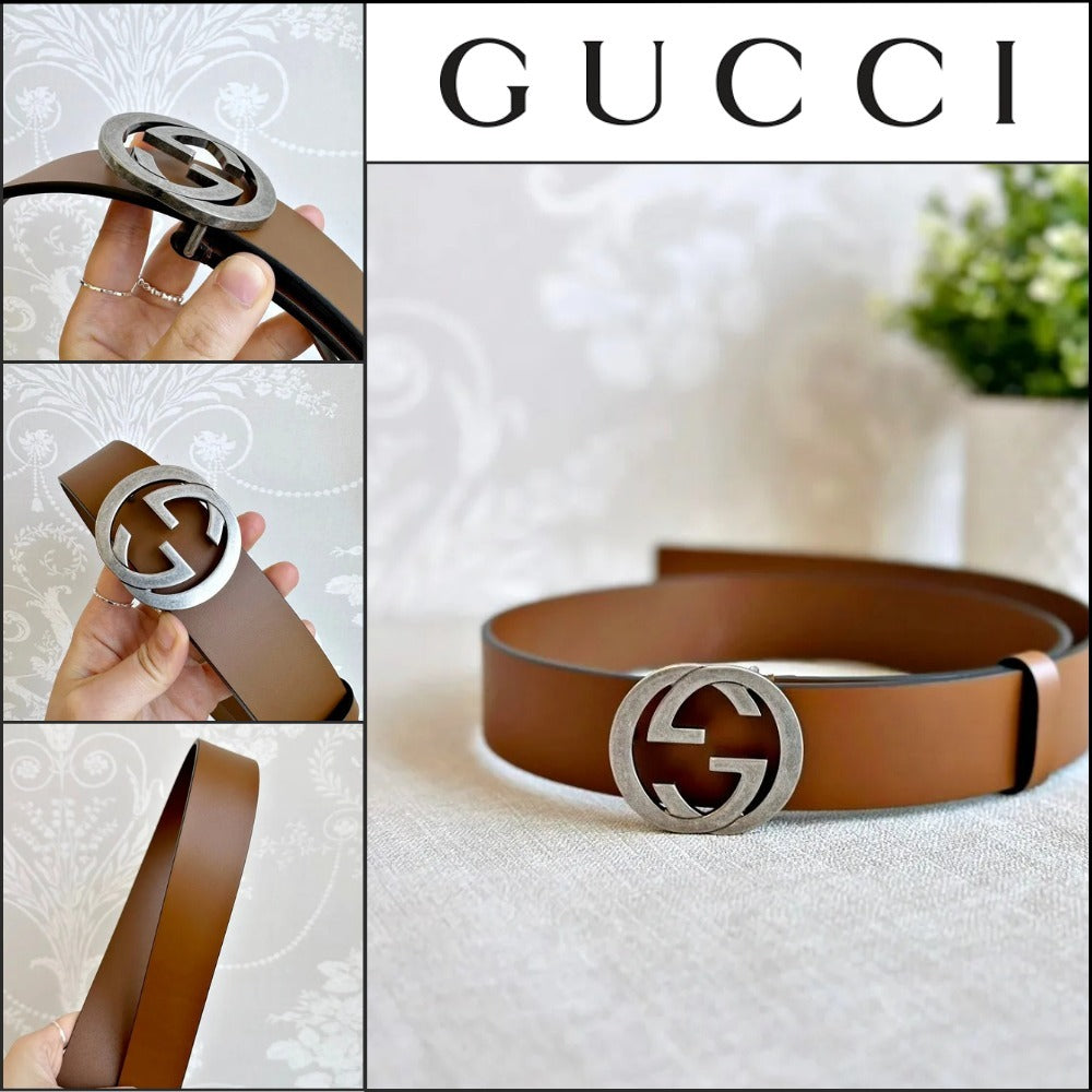 【GUCCI 】GG Interlocking Buckle Leather Belt CUIR