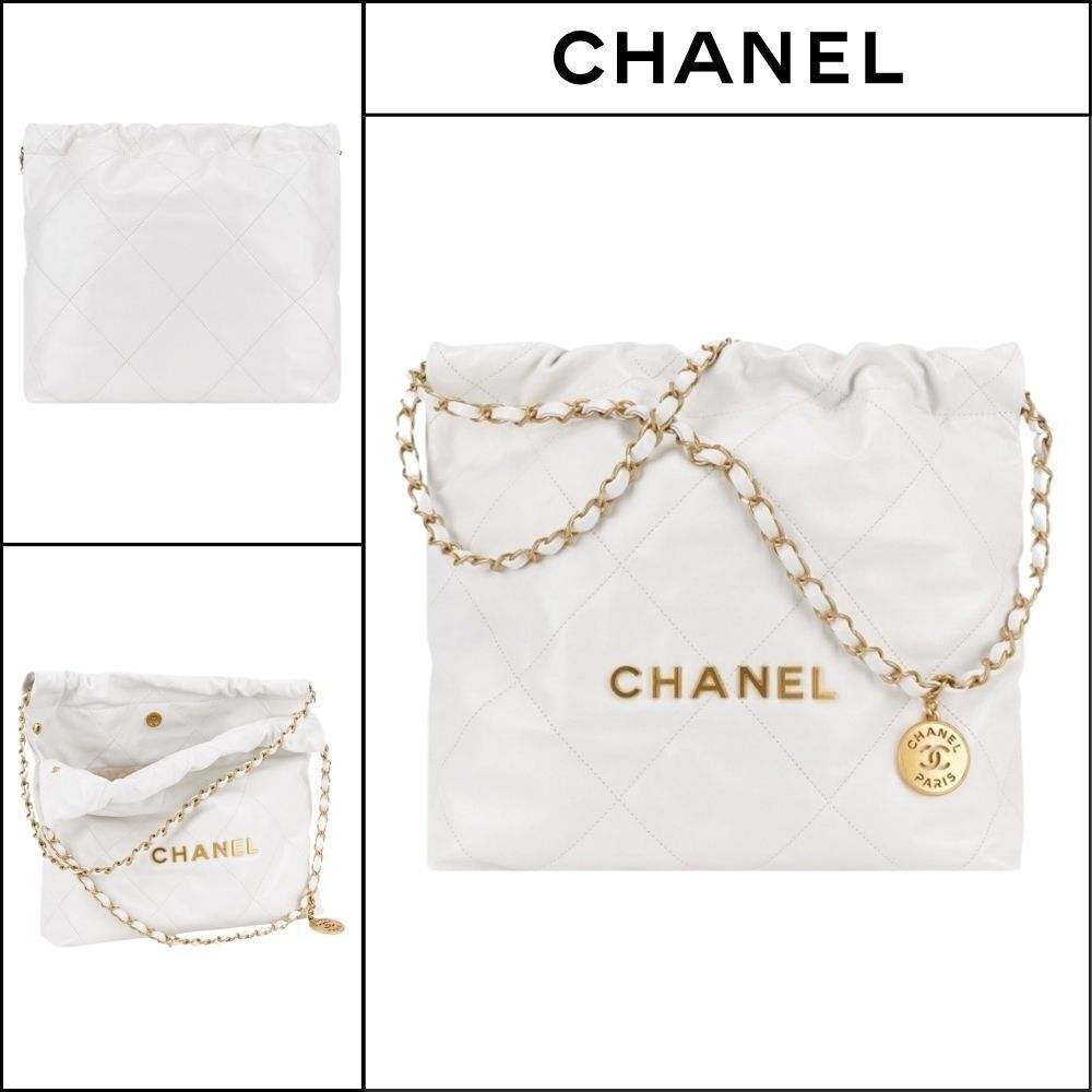 【CHANEL】22 Small Handbag Shiny Calfskin & Gold White
