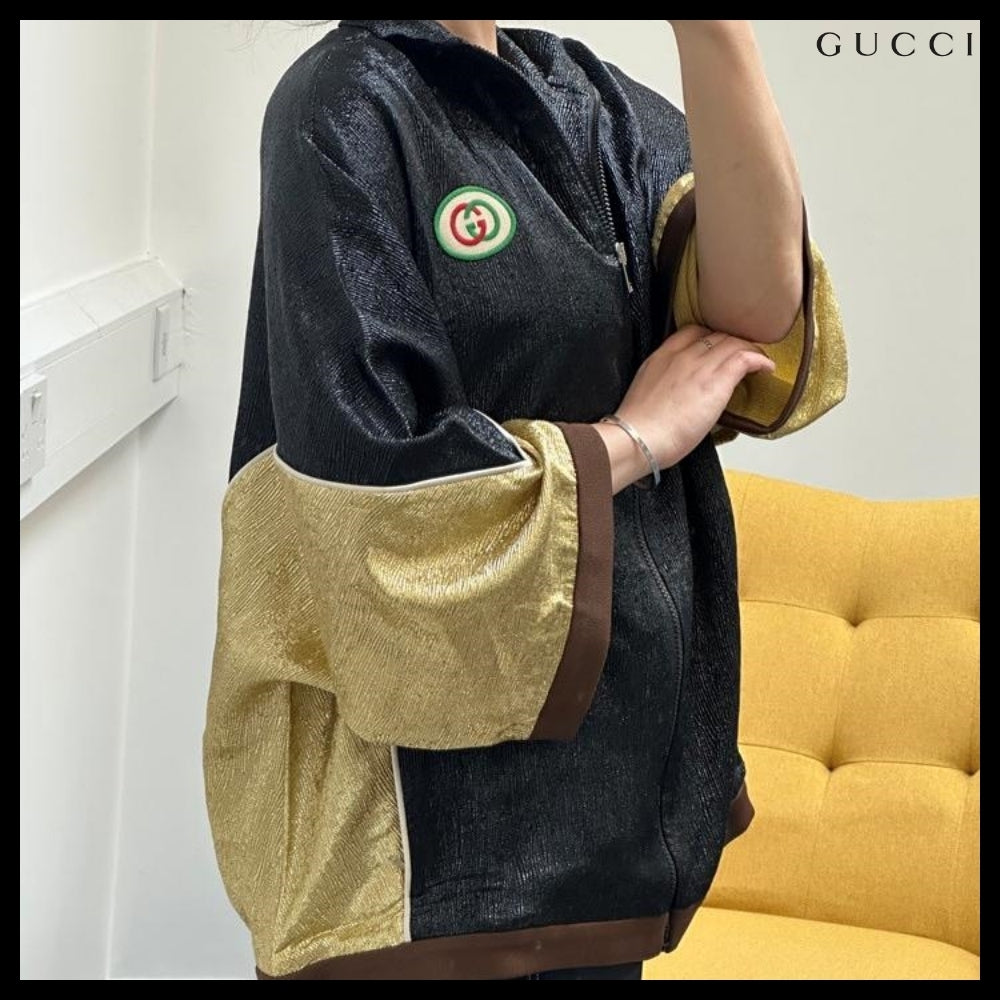 【GUCCI】Interlocking Patch Metallic Two-Tone Zip-Up Jacket