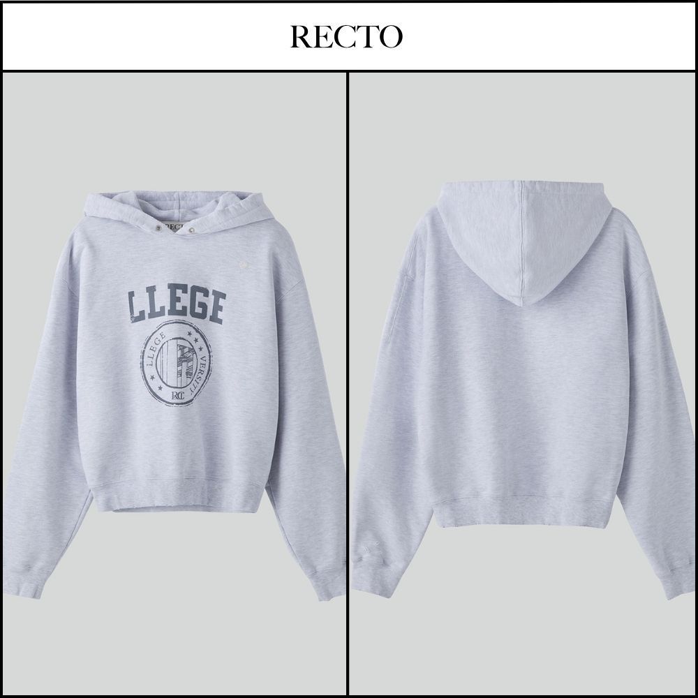 【RECTO】LLEGE LOGO DESTROYED HOODIE SWEATSHIRT MELANGE GREY