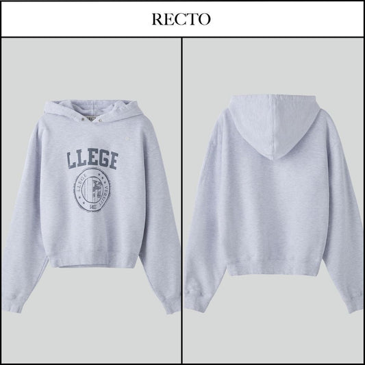 【RECTO】LLEGE LOGO DESTROYED HOODIE SWEATSHIRT MELANGE GREY