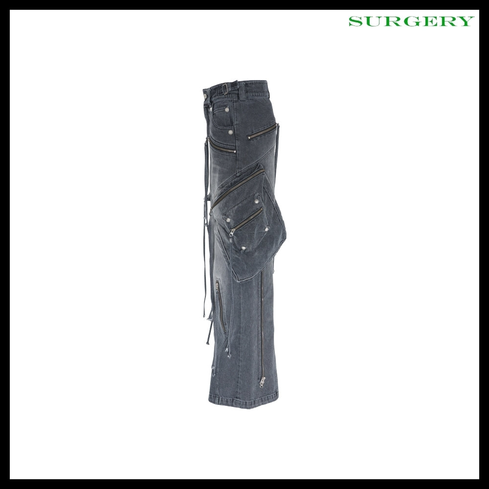 【SURGERY】Oblique Cargo Jeans Black Denim