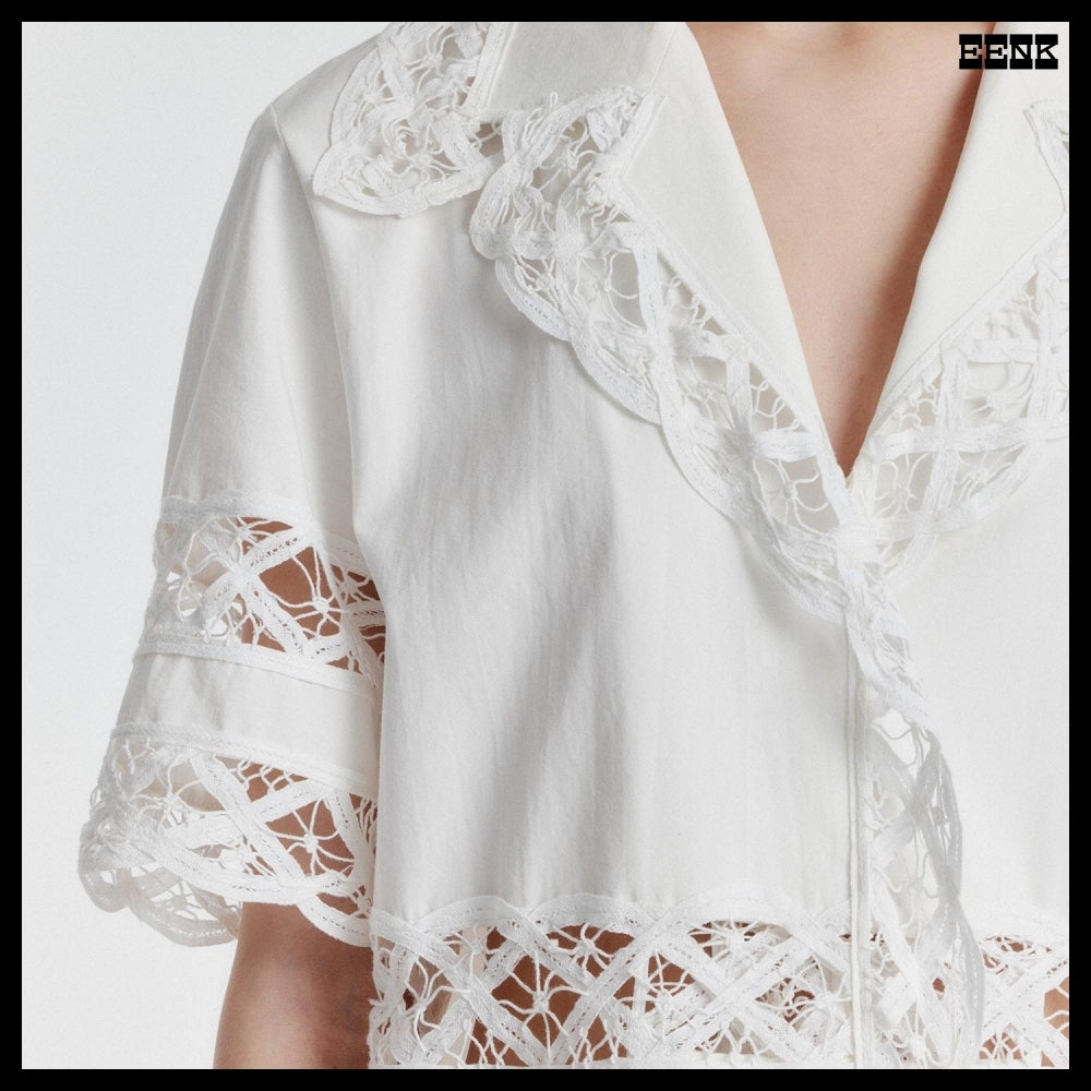 【EENK】YOMITA Short Sleeve Lace-trim Shirt White