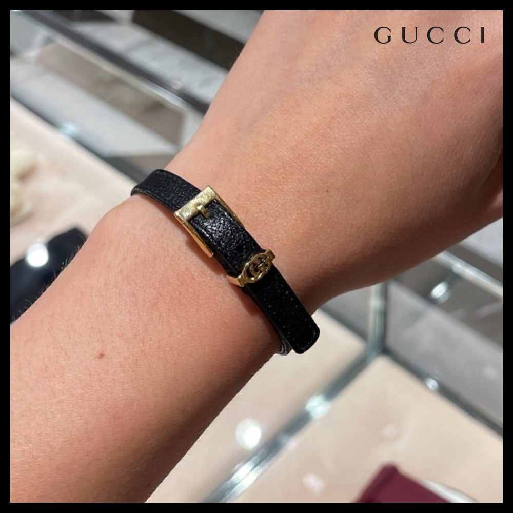 【GUCCI】 ダブル G レザー バックル ブレスレット BLACK GOLD