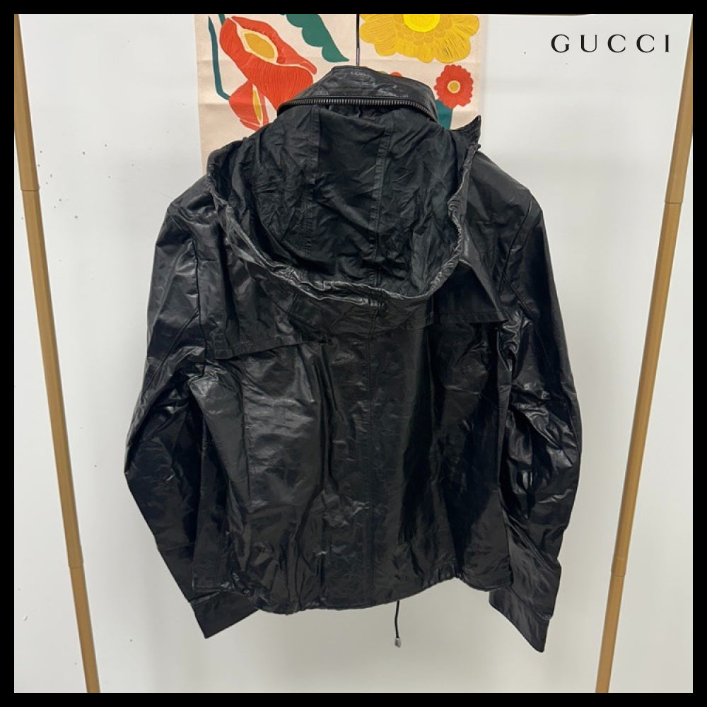 【GUCCI】Interlocking G Calf Leather Hooded Jacket Black