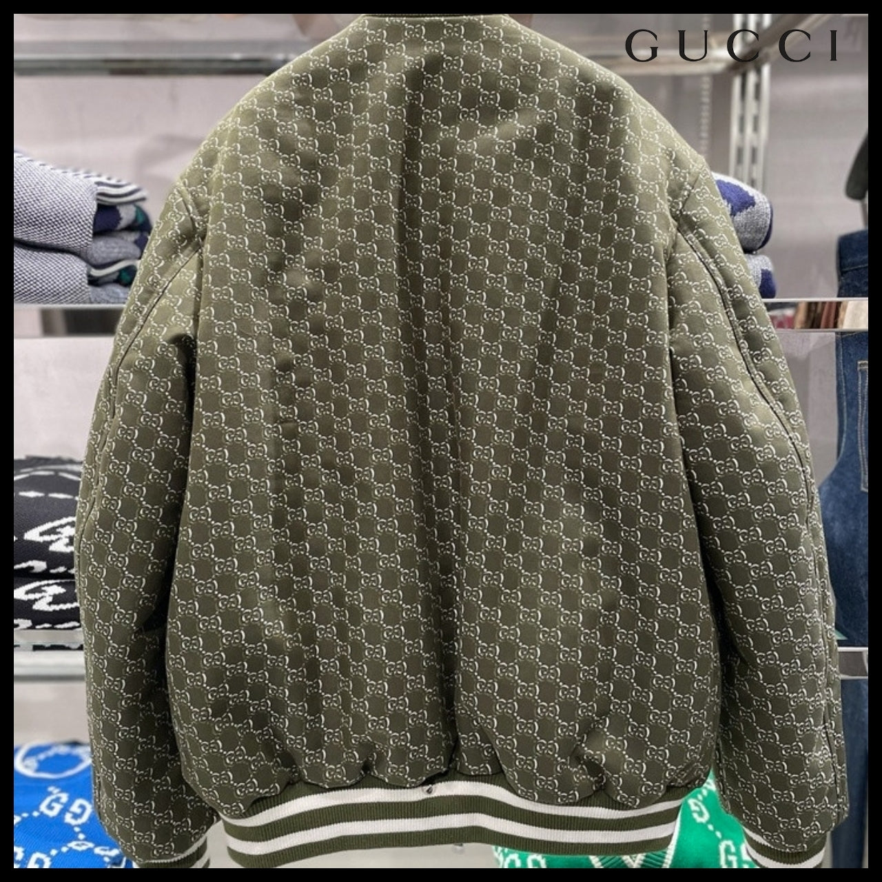 【GUCCI】GG Shadow Jacquard Cotton Bomber Jacket Green White