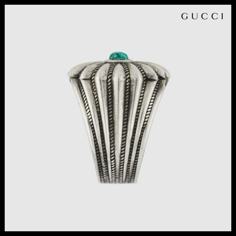 【GUCCI】Engraved Flower Sterling Ring Turquoise