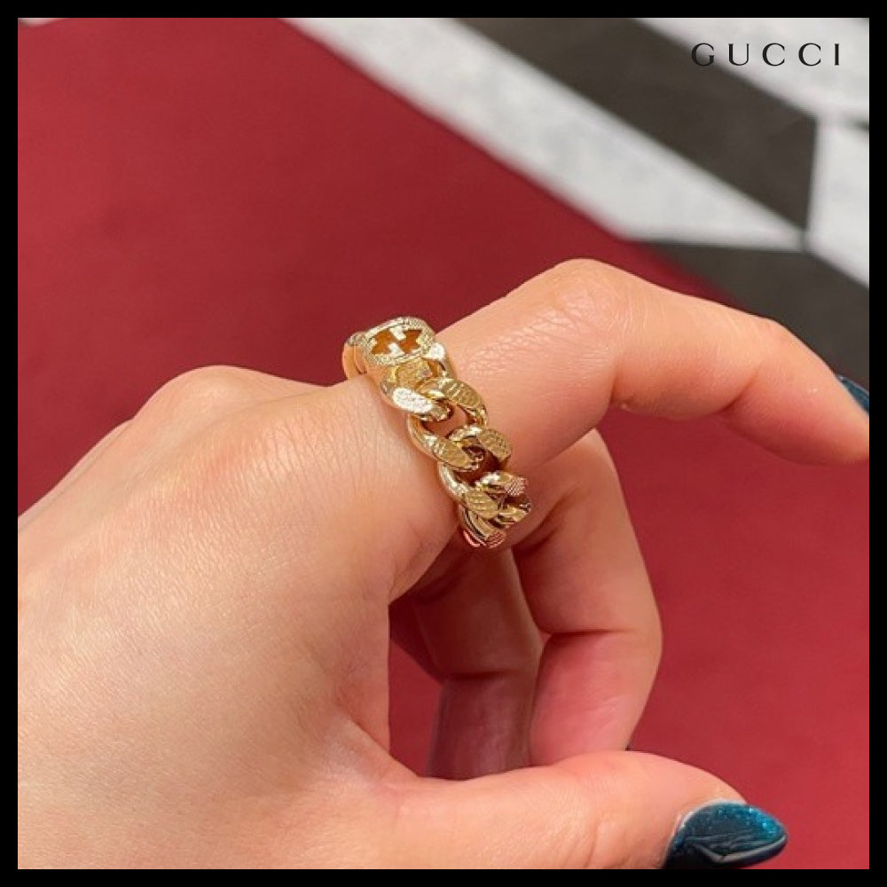 【GUCCI】Interlocking G Grommet Chain Ring Gold
