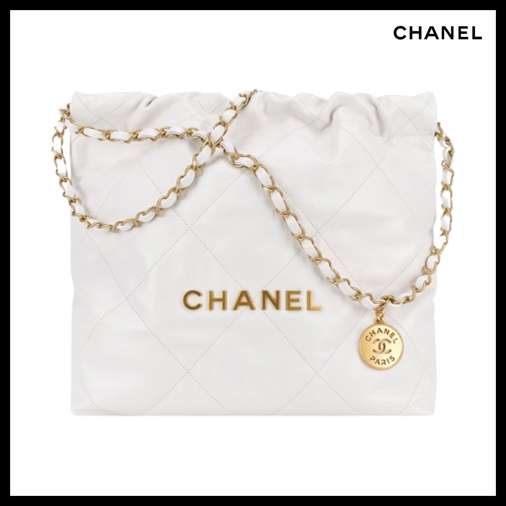 【CHANEL】22 Small Handbag Shiny Calfskin & Gold White