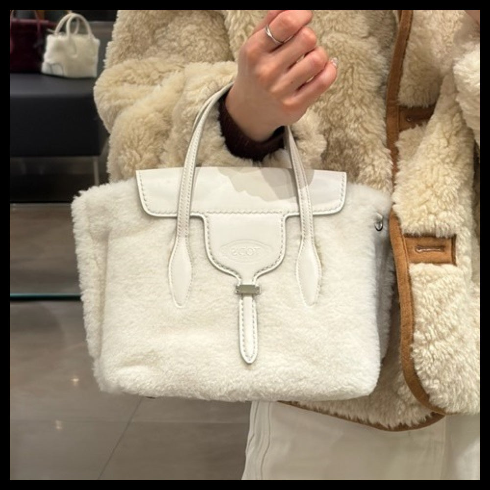 【Tod’s】ANX DUE Shearling Leather Shopping Tote Bag White