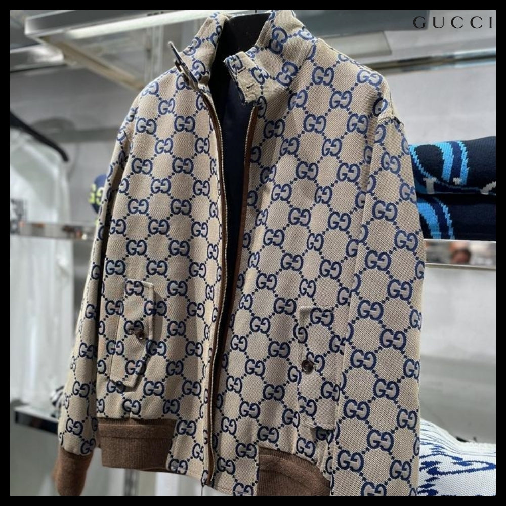 【GUCCI】GG Canvas Cotton Blend Blouson Jacket Beige Blue