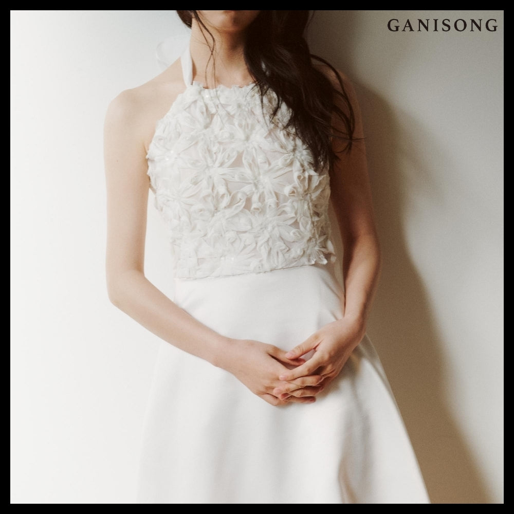 【GANISONG】Bridal Fluffy Rose Halterneck Dress White