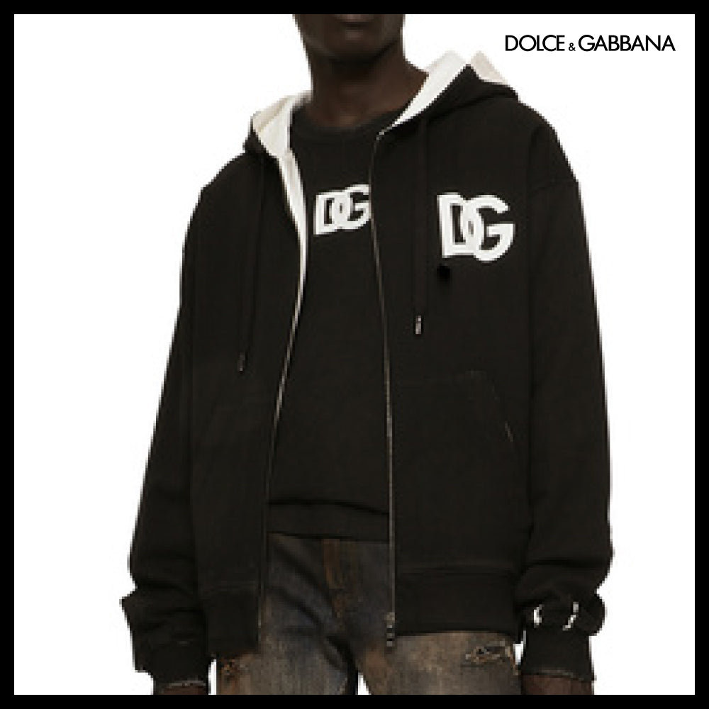 【Dolce & Gabbana】DG Logo Print Jersey Hoodie with Zipper