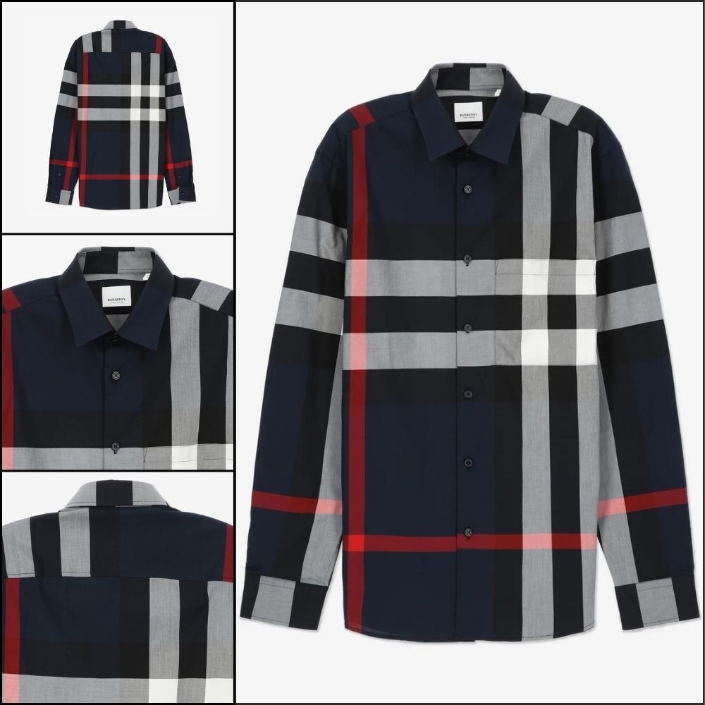 【Burberry】Check Cotton Slim Fit Shirt Navy